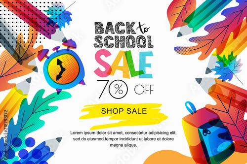 Vector back to school sale banner, poster background. Color leaves, pencils, ...