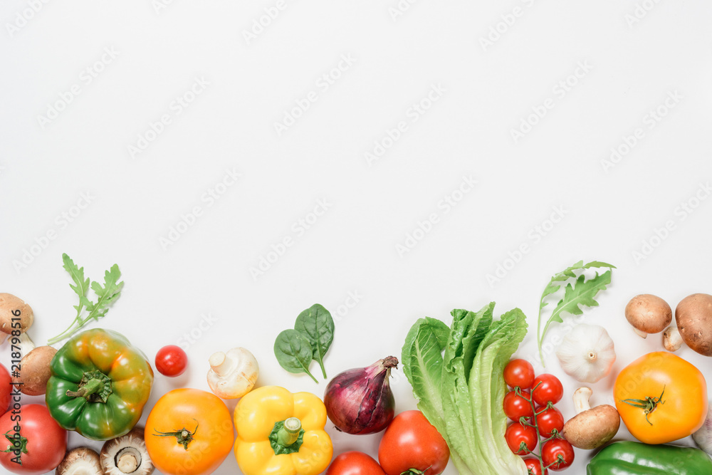 top view of ripe vegetables and herbs isolated on white - obrazy, fototapety, plakaty 