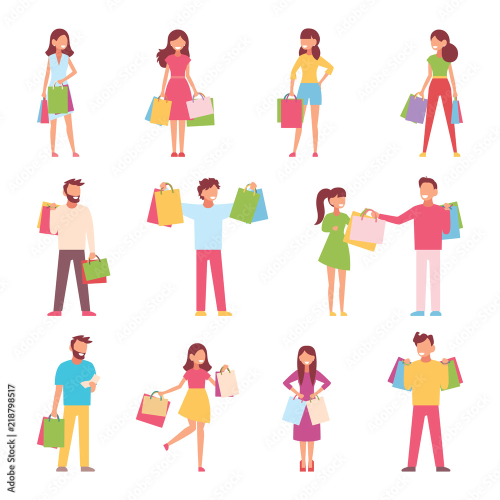 A set of characters and purchases of people with packages. Vector illustration of a flat design