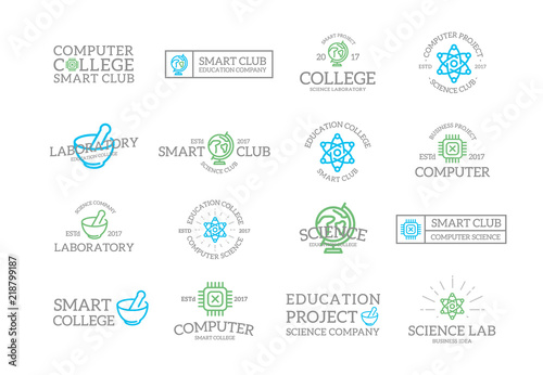 Set of retro vintage science and research logo or insignia, emblems, labels and badges and other branding objects. Vector line style