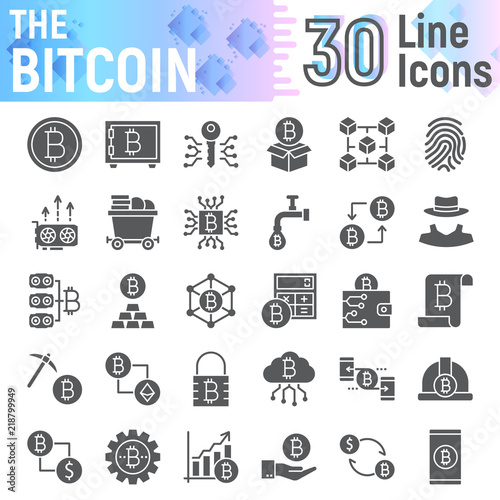 Bitcoin glyph icon set, cryptocurrency symbols collection, vector sketches, logo illustrations, finance signs solid pictograms package isolated on white background, eps 10.
