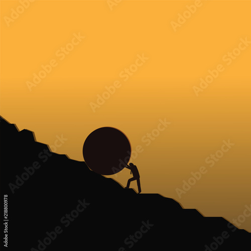 Businessman pushing large stone up to hill, Business heavy tasks concept