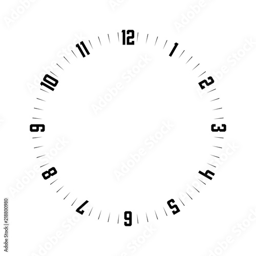 Clock face. Hour dial with numbers. Dashes mark minutes and hours. Simple flat vector illustration.