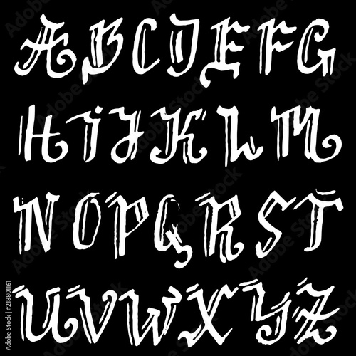 Hand drawn modern dry brush lettering. Gothic style alphabet. Grunge handwritten font. Vector illustration.