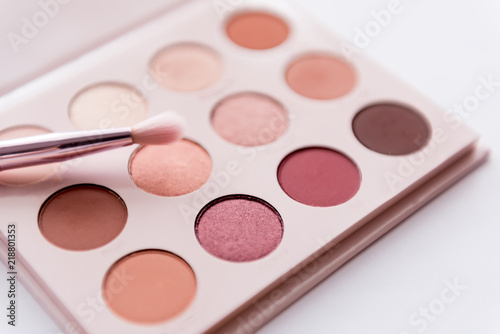 soft focus of pink tone eye shadow palette with pink brush