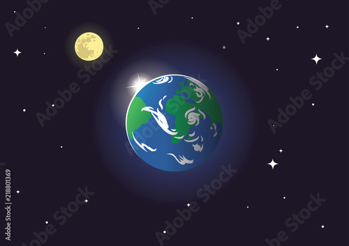 View from a spaceship on a solar eclipse against the earth and the moon in the space