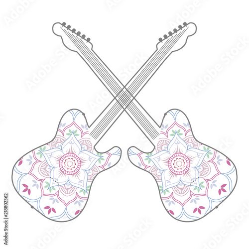 Guitars and ethnic floral mandala in soft pastel colors