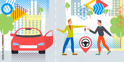 Car business sharing service concept, car rental illustration. Man gives car key to driver. Modern flat style design. Abstract urban background. Map pointer sign steering wheel