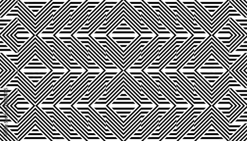 Seamless pattern with striped black white straight lines and diagonal inclined lines (zigzag, chevron). Optical illusion effect, op art. Background for cloth, fabric, textile, tartan.
