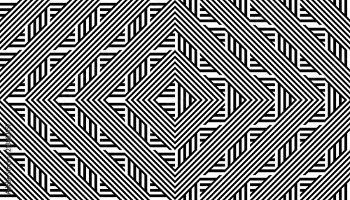 Seamless pattern with striped black white straight lines and diagonal inclined lines (zigzag, chevron). Optical illusion effect, op art. Background for cloth, fabric, textile, tartan.
