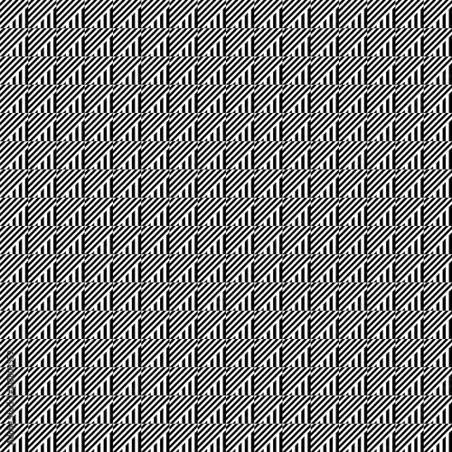 Seamless pattern with striped black white straight lines and diagonal inclined lines. Optical illusion effect. Geometric op art style. Vector illusive background for cloth, textile, print, web.