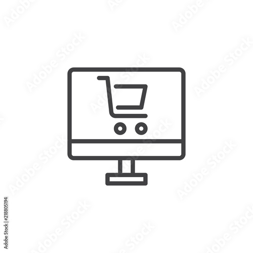 Online shop outline icon. linear style sign for mobile concept and web design. Computer monitor with shopping cart simple line vector icon. Symbol, logo illustration. Pixel perfect vector graphics