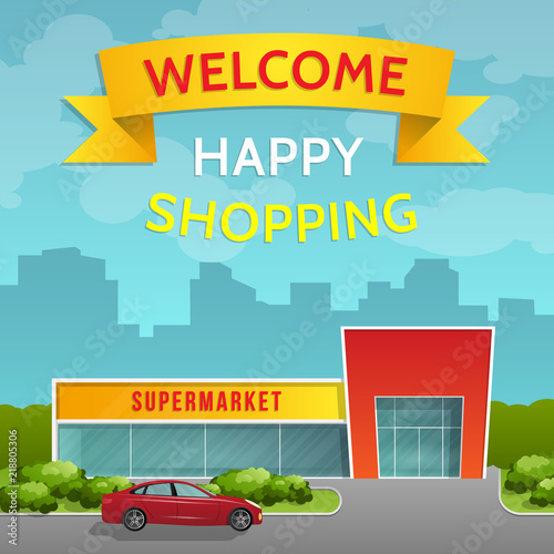 Supermarket building and a car on cityscape background. Front view. Flat style.