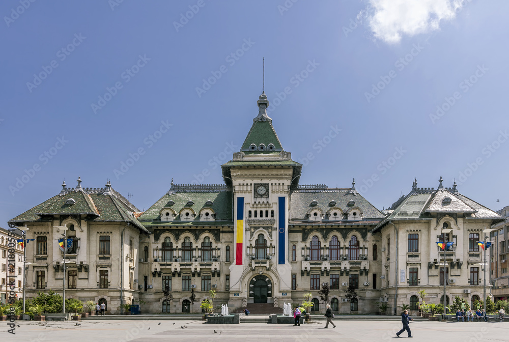 Beautiful view of the famous City Hall of Craiova, Romania on a sunny day
