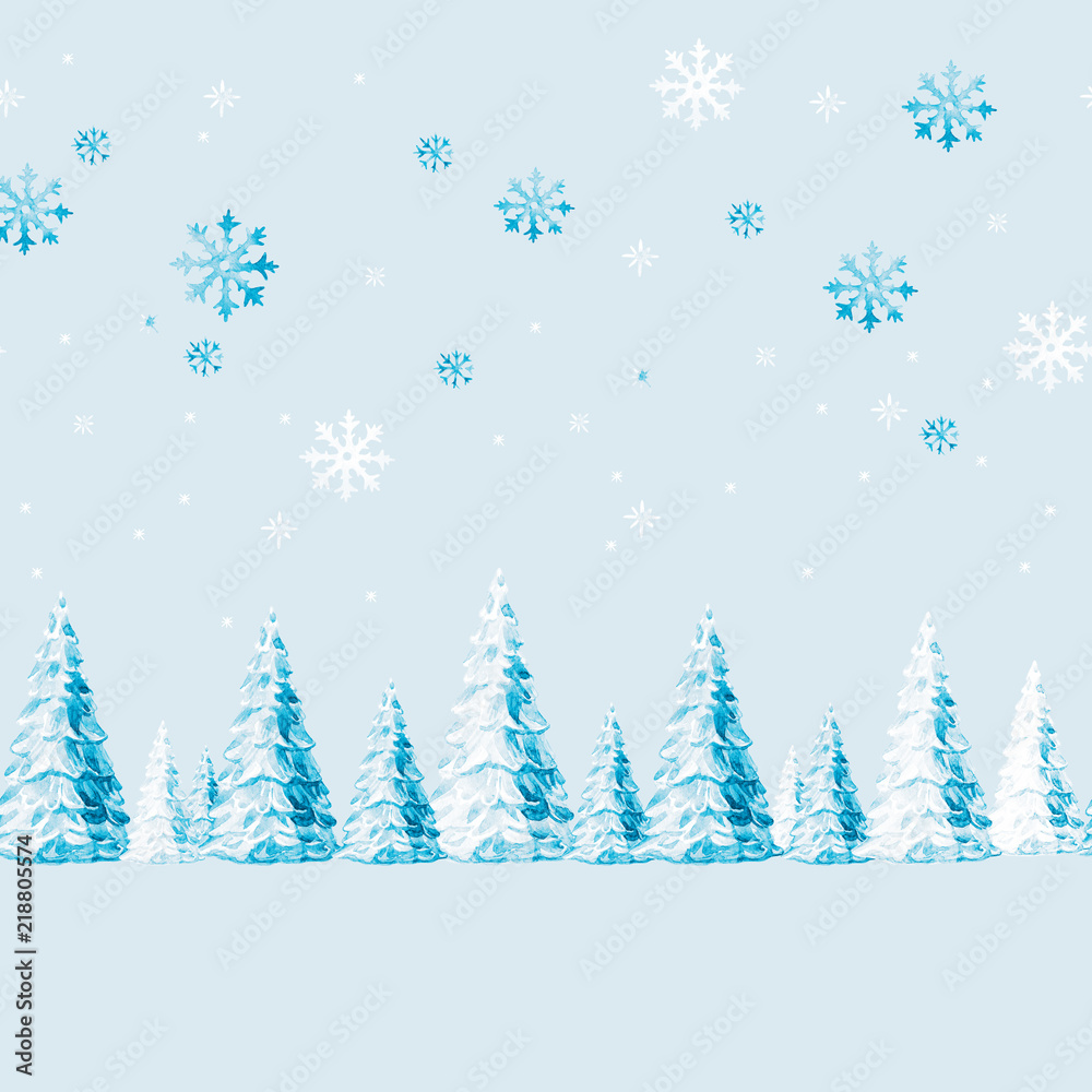 Christmas seamless pattern of winter snow-covered Christmas trees, watercolor illustration.
