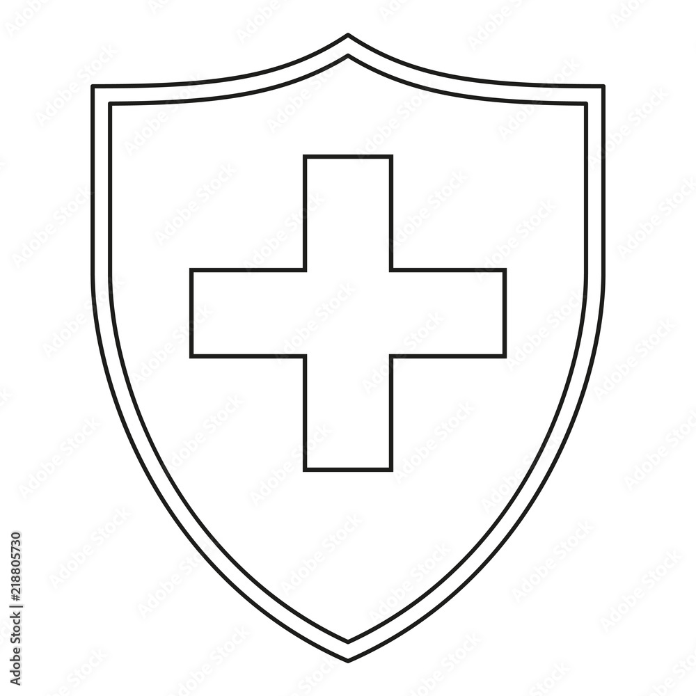 Line art black and white shield with medical cross Line art black and white shield with medical cross