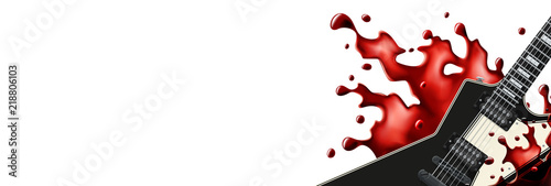 Black metal guitar with a blood splash banner template with white background.
