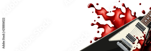 Black metal guitar with a blood splash banner template with white background.