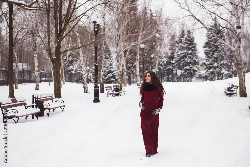 A beautiful outdoor pregnant woman portrait in snowy nature A beautiful outdoor pregnant woman portrait in snowy nature