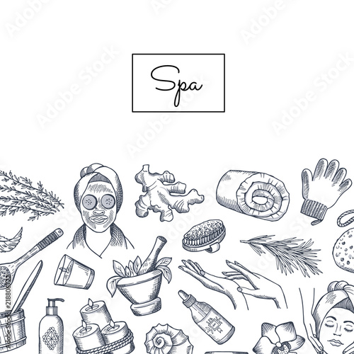 Vector hand drawn spa elements background with place for text illustration