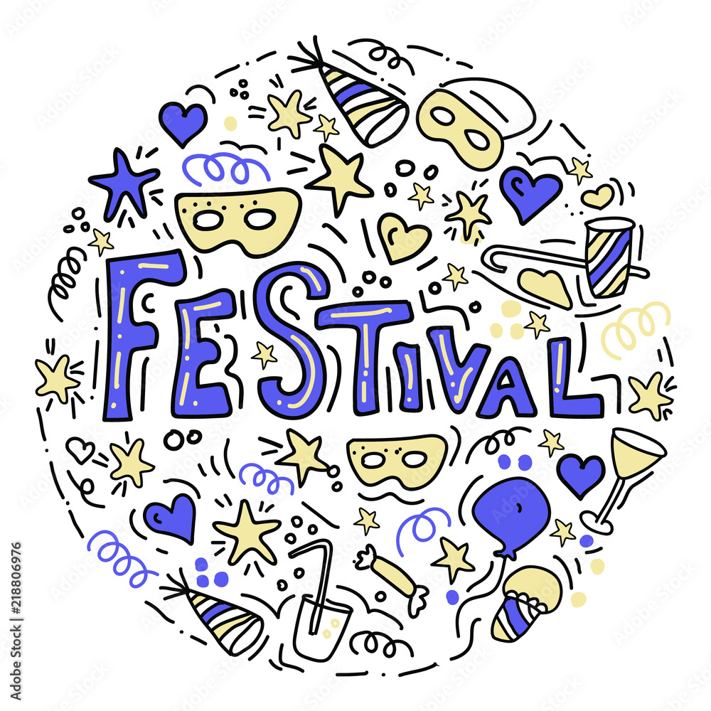 Hand drawn, doodle set with Hand lettered word Festival. Sketch icons for invitation, flyer, poster, t-shirt design or blog