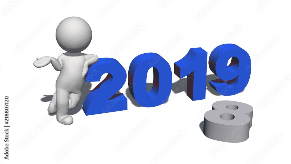 Year change to 2019 with 3D people - isolated on white background - 3D rendering Year change to 2019 with 3D people - isolated on white background - 3D rendering