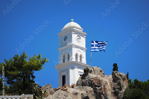 The clock tower of Poros island, Greece.