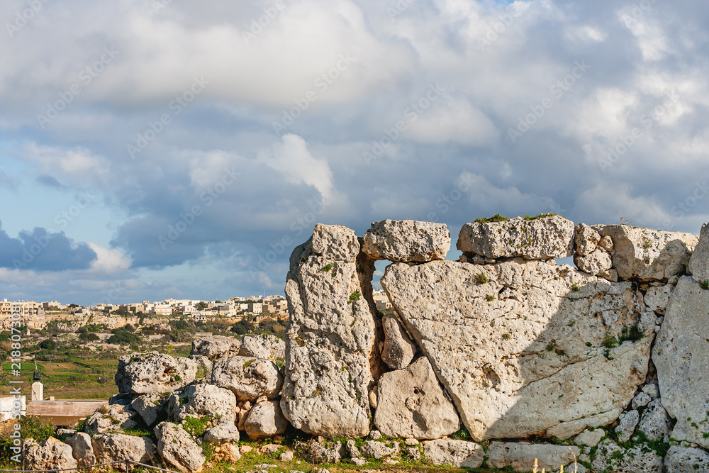Neolithic megalith temple complex of Ggantija (Tempji Neolitici Tal-Ggantija, Giant Tower) on the island of Gozo in Malta. UNESCO World Heritage Site.