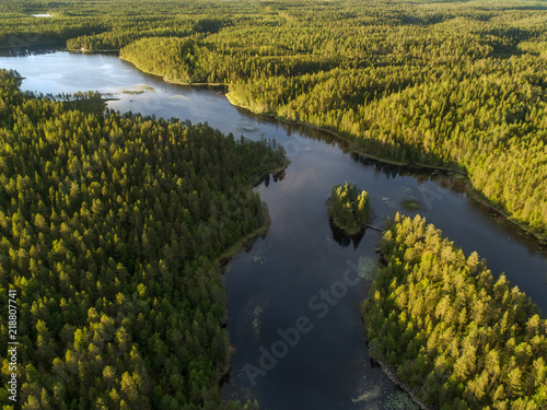 Aerial view of a lake surrounded by dense boreal aka taiga forest in Oulanka National Park, Finland photo