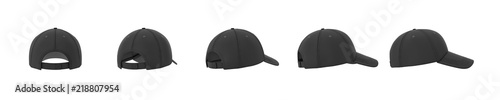 Canvas Print 3d rendering of five black baseball caps shown in one line from back to side view on a white background
