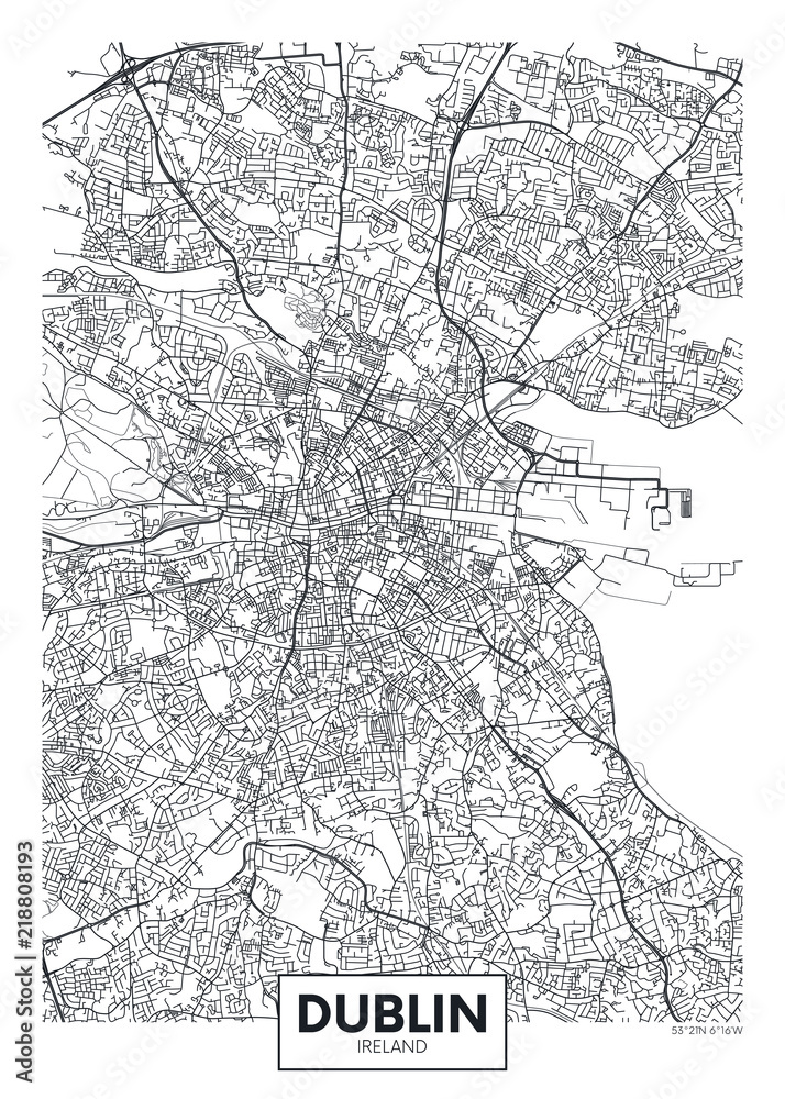 Naklejka premium Wektor plakat szczegółowa mapa miasta Dublin