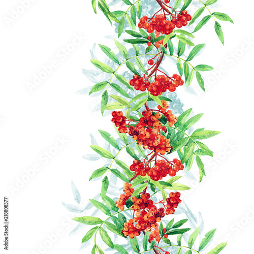 Seamless pattern of twigs with Rowan berries painted with watercolor.