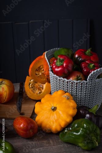 Composition of autumn vegetables on a wooden table. Country style