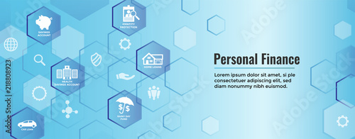 Personal Finance Web Header Banner with Rainy Day fund, cash reserves, savings account, hsa, and mortgage loan icon set