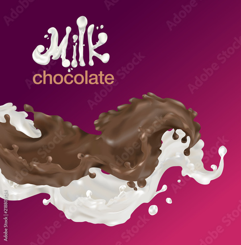 Milk and chocolate splash vector wave 3D realism. Food packaging, advertising. Dairy chocolate letter, inscription.