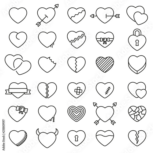 Set of 30 simple icons hearts for Valentine's day, web design, sites, applications, games, stickers…