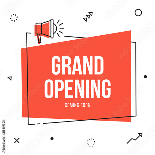 Grand opening banner flyer template with megaphone; event, store, sale vector thin line style announcement. Marketing business concept with bullhorn. Grand Opening advertising  poster. Celebration now