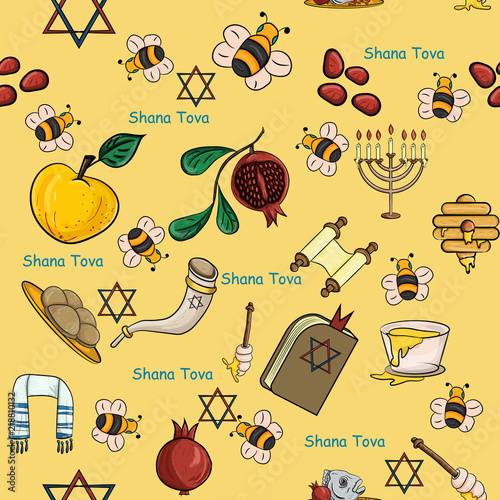 seamless_5_pattern illustration on the theme of Jewish new year, Rosh Hashanah, Shana Tova, happy and sweet New year,