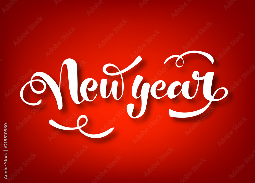 New year. Merry Christmas handwritten lettering. White text isolated on red background. Christmas holidays typography. Vector illustration