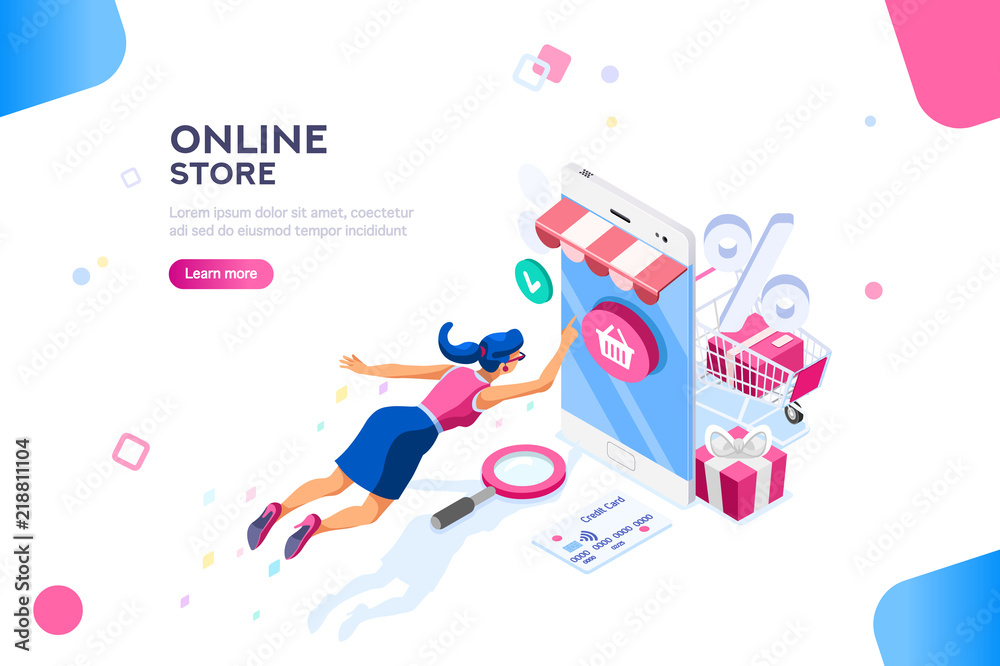 Concept of young buyer online using smartphone items. Consumer and fashion e-commerce, consumerism or sale concept. Characters, text for store. Flat isometric infographic images vector illustration