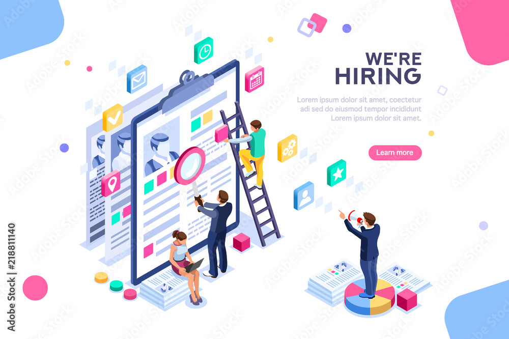 Job presentation fair banner page, choose career or interview a candidate. Job agency human resources creative find experience. Work concept with character and text. Flat isometric vector illustration Job presentation fair banner page, choose career or interview a candidate. Job agency human resources creative find experience. Work concept with character and text. Flat isometric vector illustration