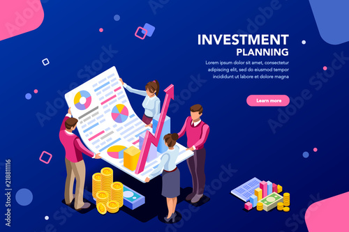 Concept of growth, financial partnership for investment. Meeting of account company to increase corporate results. Report concept with characters and text. Flat isometric images vector illustration.