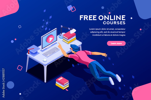 Tutorial infographic, graduation, e-learning research, university exam, college research, online courses concept. Character teaching course or seminar for students in the world. Flat isometric vector.