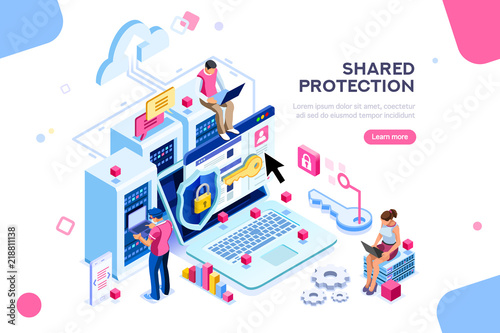 Online administrator, web hosting concept. Technician repair software. Hardware protection share infographic. Store safe server concept. Characters and text images, flat isometric vector illustration