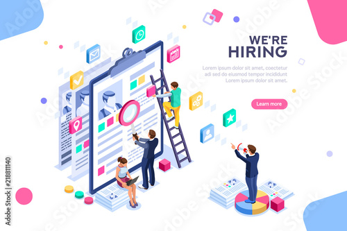 Job presentation fair banner page, choose career or interview a candidate. Job agency human resources creative find experience. Work concept with character and text. Flat isometric vector illustration