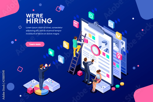 Job presentation fair banner page, choose career or interview a candidate. Job agency human resources creative find experience. Work concept with character and text. Flat isometric vector illustration