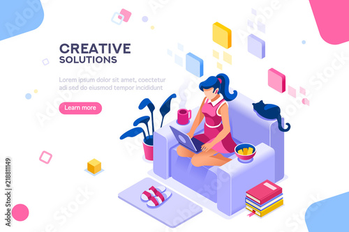 Girl sitting on the sofa works with laptop, modern freelancer template for website. Concept with characters and text for services. Web page, flat isometric infographic vector images, illustration.