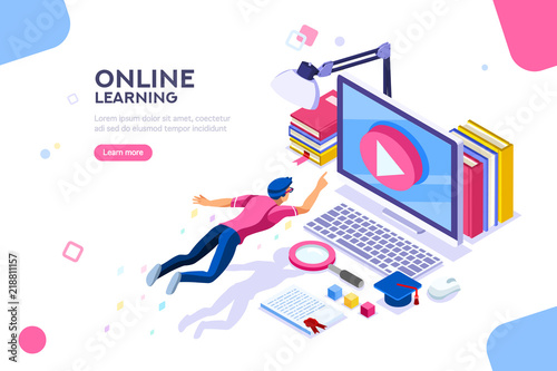 Desk of class seminar or courses. Online tutorial infographic for college research. Teaching cap on app for distance e-learning graduation. Concept with characters, flat isometric vector illustration.