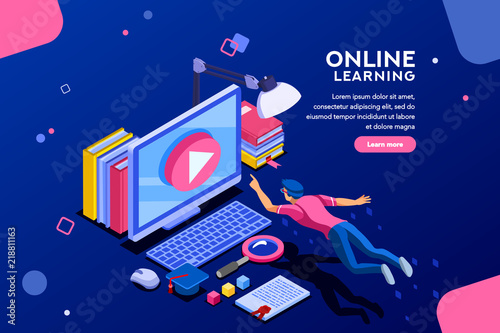 Desk of class seminar or courses. Online tutorial infographic for college research. Teaching cap on app for distance e-learning graduation. Concept with characters, flat isometric vector illustration.