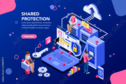 Online administrator, web hosting concept. Technician repair software. Hardware protection share infographic. Store safe server concept. Characters and text images, flat isometric vector illustration